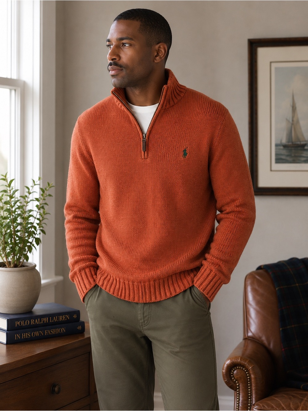 Polo Ralph Lauren Men’s Quarter Zip Cotton Sweater Orange Chunky Knit M